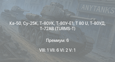 WT — 8 ранг: 1шт 7 ранг: 6шт 6 ранг: 2шт Су-25К | Ка-50 | Т-72АВ (TURMS-T)