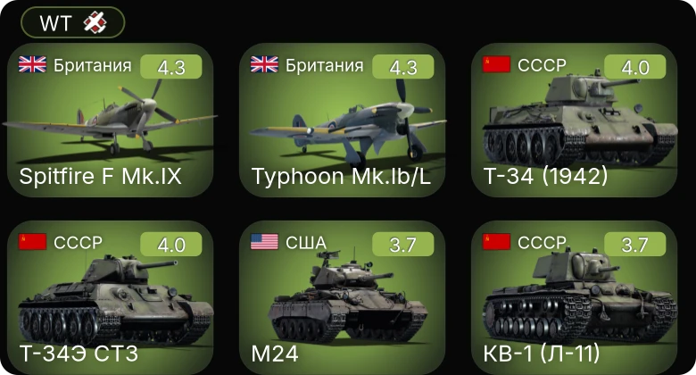 WT — M24 | Spitfire F Mk.IX | Typhoon Mk.Ib/L | Whirlwind Mk I | P-40E-1