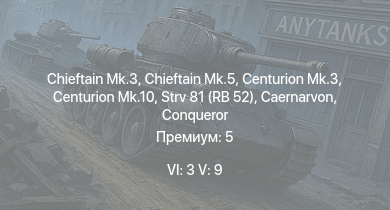 WT — 6 ранг: 3шт 5 ранг: 9шт Chieftain Mk.3 | Chieftain Mk.5 | Т-10М | Centurion Mk.10 | Swingfire | Т-54 (1949) | Т-54 (1951) | Strv 81 (RB 52) | Centurion Mk.3 | Caernarvon