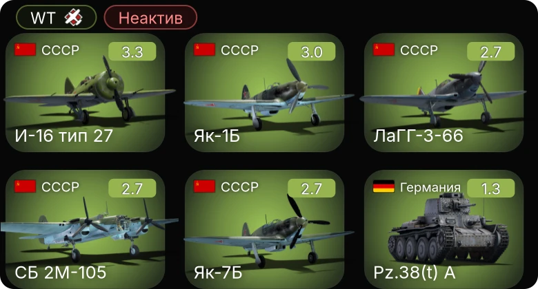 WT — Неактив | Як-1Б | И-16 тип 27 | Як-7Б | ЛаГГ-3-66 | PT-6