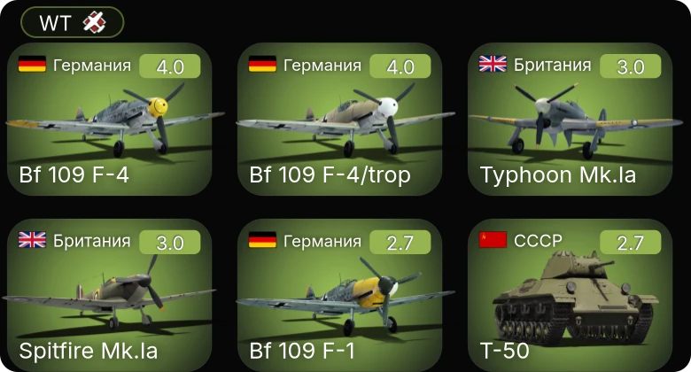WT — Bf 109 F-4 | Bf 109 F-4/trop | P-40E-1 | Bf 109 F-1 | Bf 109 E-3