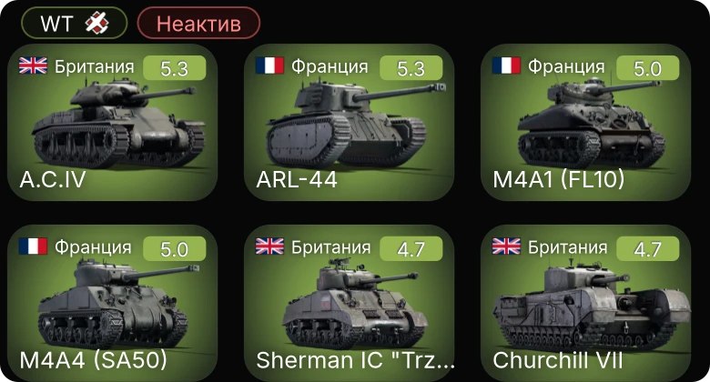 WT — Неактив | Як-9Т | Churchill VII | Sherman IC "Trzyniec" | A.C.IV | M4A4 (SA50)