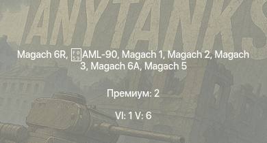 WT — 6 ранг: 1шт 5 ранг: 6шт Magach 6R | Tiran 4 | Tiran 4S | Magach 3 | Magach 6A | Magach 5 | Shot Kal Alef |  | AML-90 | Shot