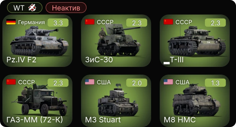 WT — Неактив | ГАЗ-ММ (72-К) | ЗиС-30 | M3 Stuart | M8 HMC | M2