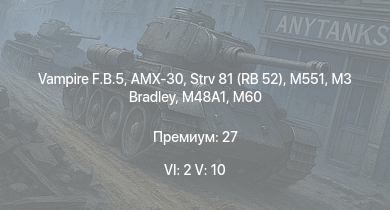 WT — 6 ранг: 2шт 5 ранг: 10шт SA 313B Alouette II | M551 | M3 Bradley | Vampire F.B.5 | M60 | AMX-30 | Strv 81 (RB 52) |  | Meteor F Mk.3 | Ru 251