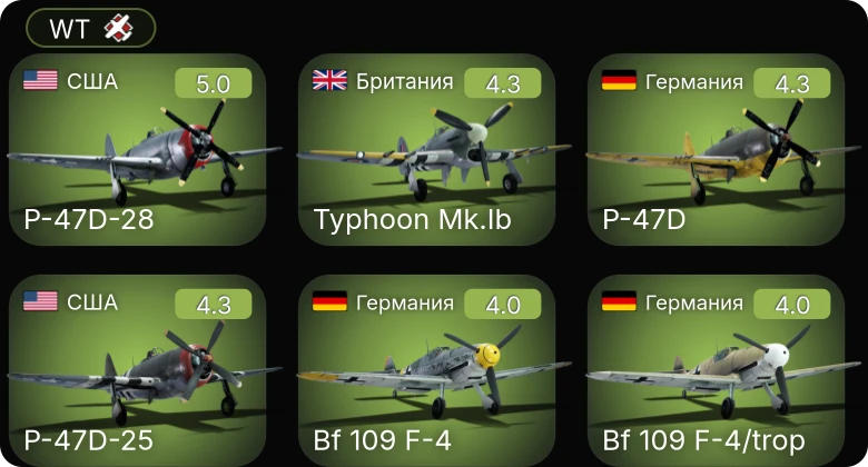 WT — P-47D-25 | P-47D-28 | BTD-1 | Bf 109 F-4 | Bf 109 F-4/trop