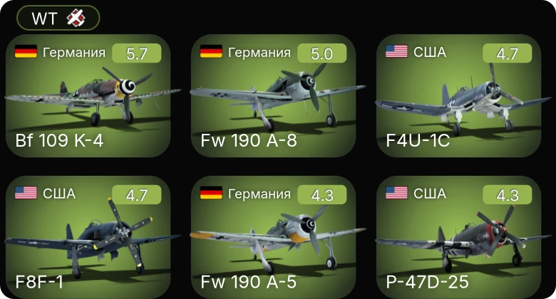 WT — F4U-1C | Bf 109 K-4 | Fw 190 A-8 | Fw 190 A-5 | Fw 190 A-5/U12