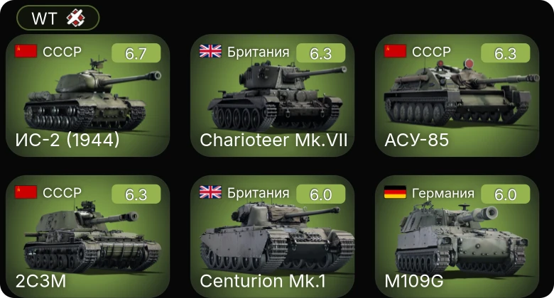 WT — M109G | 2С3М | ИС-2 (1944) | АСУ-85 | Charioteer Mk.VII