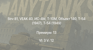 WT — 6 ранг: 3шт 5 ранг: 12шт Объект 140 | Т-10М | Т-55А | Т-54 (1949) | Т-54 (1947) | ИС-4М | VEAK 40 | Strv 81 | ИС-3 | БТР-80А