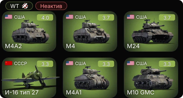 WT — Неактив | M24 | M4A2 | M4 | M4A1 | M10 GMC