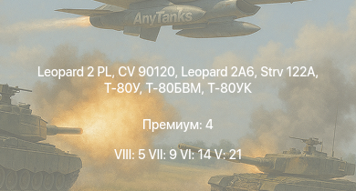 WT — 8 ранг: 5шт 7 ранг: 9шт 6 ранг: 14шт Т-80БВМ | Strv 122A | Leopard 2A6 | Leopard 2 PL | Т-80У | Т-80УК | CV 90120 | Т-80Б | Strv 121 | Leopard 2A4