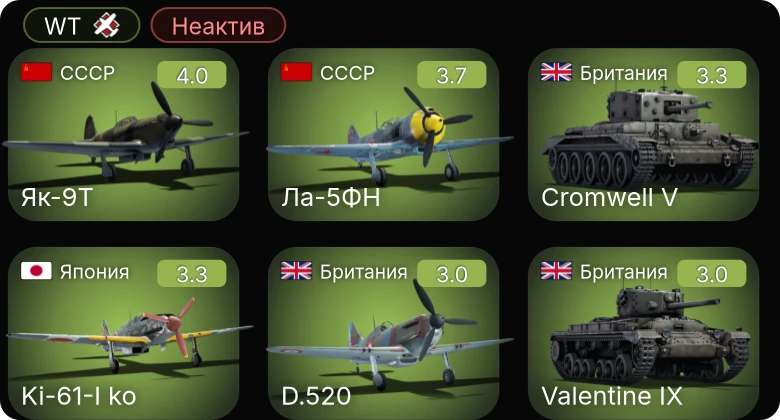 WT — Неактив | Як-9Т | Ла-5ФН | Пе-3бис | Як-7Б | Cromwell V