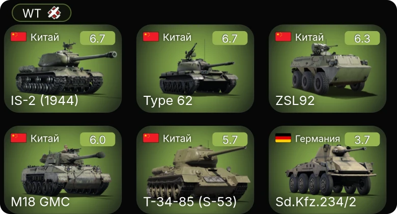 WT — ␗M18 GMC | Type 62 | ␗IS-2 (1944) | ZSL92 | ␗Т-34-85 (S-53)