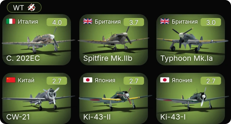 WT — C. 202EC | МиГ-3-34 | Hurricane Mk.IIB/Trop | Spitfire Mk.IIb | Typhoon Mk.Ia