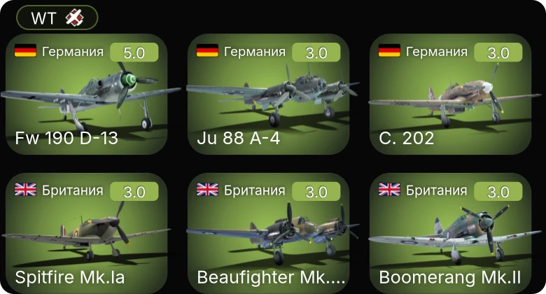 WT — Fw 190 D-13 | S.M.79 bis/T.M | Ju 88 A-4 | Bf 109 E-3 | Hurricane Mk.IIB/Trop