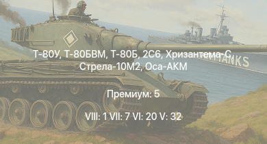 WT — 8 ранг: 1шт 7 ранг: 7шт 6 ранг: 20шт Т-80БВМ | Т-80У | Т-80Б | 2С6 | Оса-АКМ | Стрела-10М2 | LAV-AD | Т-64Б | Хризантема-С | Т-64А (1971)