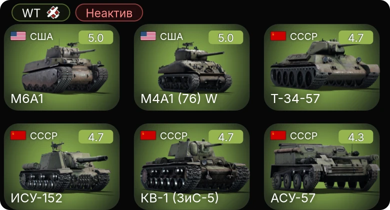 WT — Неактив | M24 | M4A1 (76) W | M6A1 | M19A1 | Т-34-57