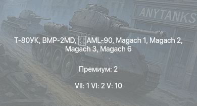 WT — 7 ранг: 1шт 6 ранг: 2шт 5 ранг: 10шт Т-80УК | BMP-2MD | Giraf | Tiran 4 | Tiran 4S | Magach 3 | Magach 6 | Magach 6A | Magach 5 | Shot Kal Alef