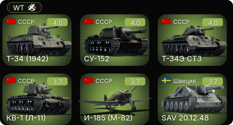 WT — СУ-152 | И-185 (М-82) | SAV 20.12.48 | Т-34 (1942) | Archer