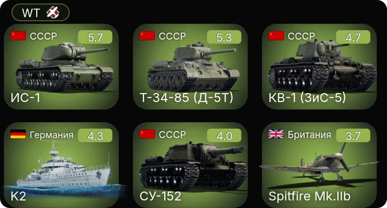 WT — SF40 тяжёлая | SF40 лёгкая | Т-34-85 (Д-5Т) | ИС-1 | КВ-1 (ЗиС-5)