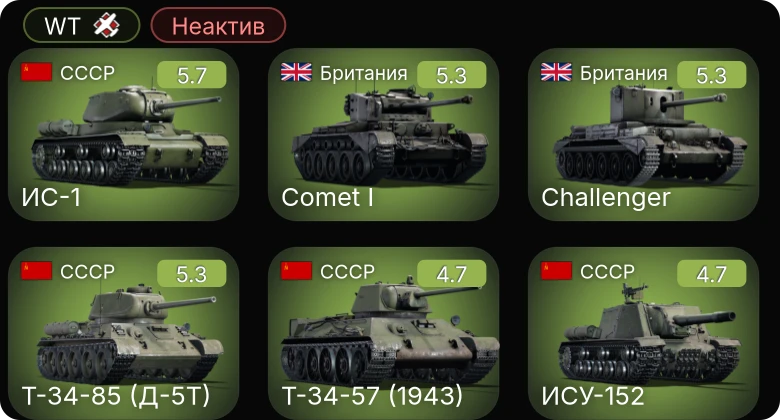 WT — Неактив | AF D3 | AF D1 | SF40 тяжёлая | Т-34-85 (Д-5Т) | Т-34-57 (1943)