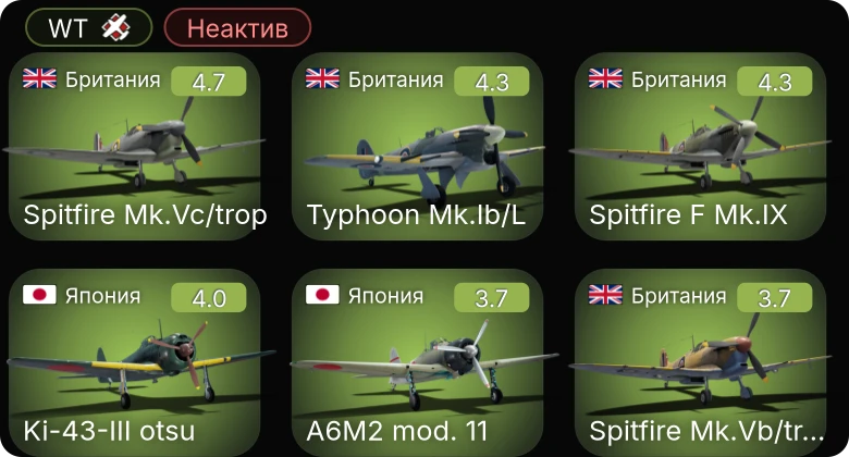 WT — Неактив | AF D1 | БМО | SF40 лёгкая | SF40 тяжёлая | Пр.1124 поздний