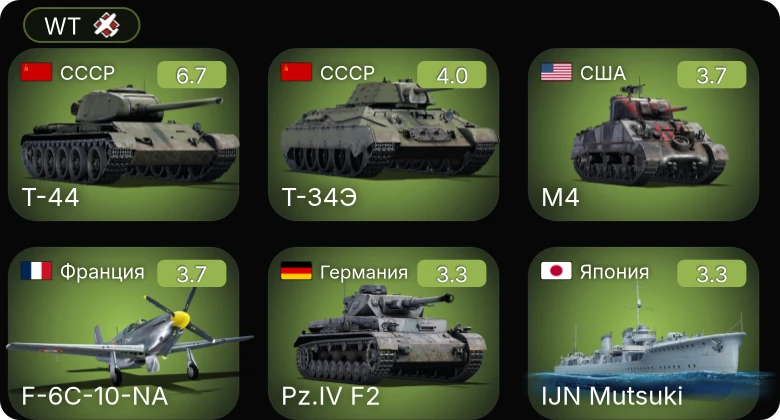 WT — Т-44 | F-6C-10-NA | M4 | He 51 A-1 | БТ-5