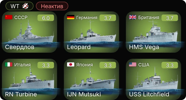 WT — Неактив | Свердлов | USS Litchfield | Leopard | HMS Vega | IJN Mutsuki