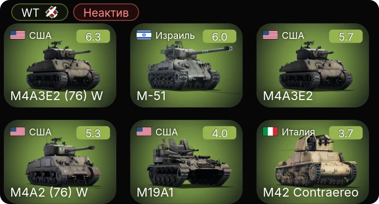 WT — Неактив | M4A3E2 (76) W | M-51 | M4A3E2 | M4A2 (76) W | M19A1