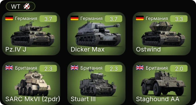 WT — SARC MkVI (2pdr) | M2A2 | LVT(A)(1) | M2A4 | БТ-5
