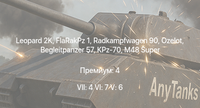 WT — 7 ранг: 4шт 6 ранг: 7шт 5 ранг: 6шт FlaRakPz 1 | Leopard 2K | Radkampfwagen 90 | Ozelot | Begleitpanzer 57 | M48 Super | KPz-70 |  | TAM | 