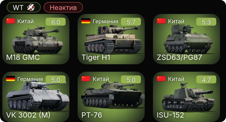 WT — Неактив | ZSD63/PG87 | ␗M18 GMC | VK 3002 (M) | ␗PT-76 | ␗ISU-152