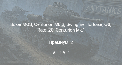 WT — 7 ранг: 1шт 5 ранг: 1шт Boxer MGS | Swingfire | Centurion Mk.3 | G6 | Ratel 20 | Tortoise | FV4005 | Charioteer Mk.VII | Ratel 90 | M109A1
