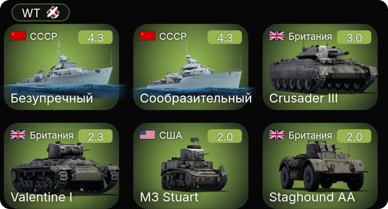 WT — Сообразительный | Безупречный | Crusader III | Valentine I | M3 Stuart
