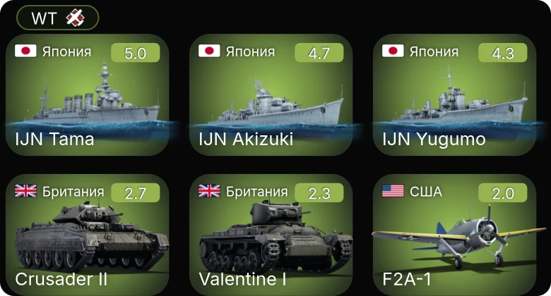 WT — IJN Akizuki | IJN Tama | Crusader II | Valentine I | Type T-38