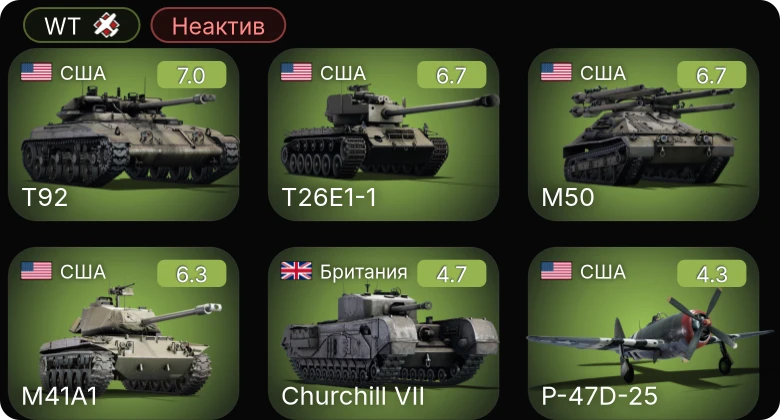 WT — Неактив | T26E1-1 | M41A1 | T92 | M50 | Fw 190 A-5