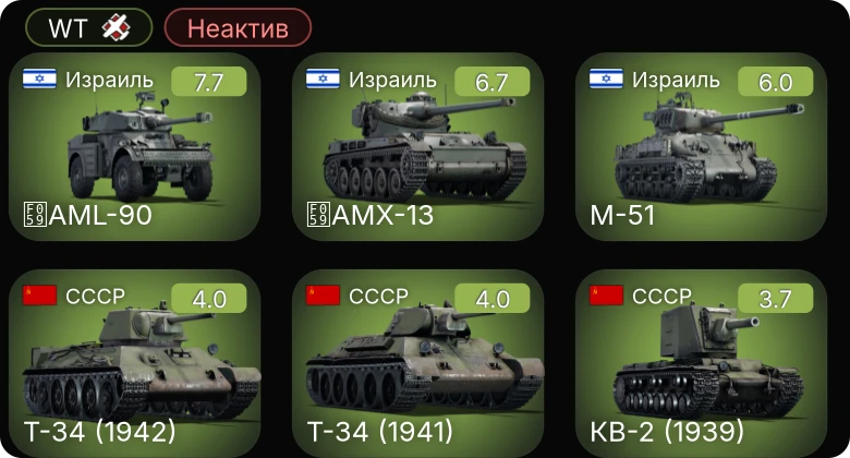 WT — Неактив | M-51 | AMX-13 | AML-90 | Sd.Kfz.234/2 | Т-34 (1942)