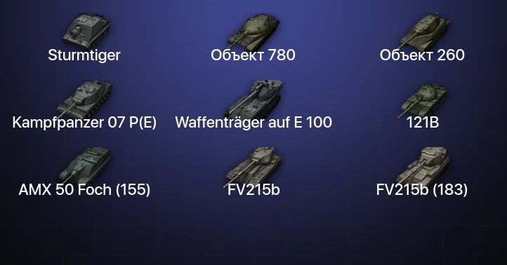 Мир Танков — 67 Топов | FV215b (183) | Waffenträger auf E 100 | Kampfpanzer 07 P(E) | Объект 780 