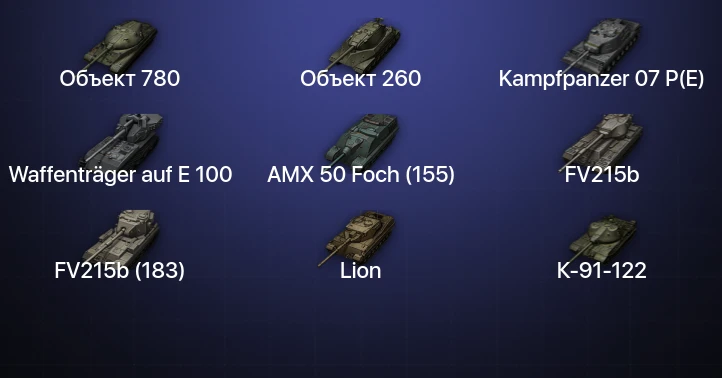 Мир Танков — 47 Топов | FV215b (183) | Waffenträger auf E 100 | Kampfpanzer 07 P(E) | Объект 780 