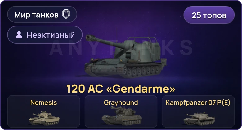 World of Tanks (RU) — Неактив | 25 Топов | Nemesis | Grayhound | 120 AC «Gendarme» | Kampfpanzer 07 P(E) 